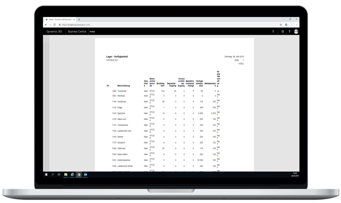 Lagerverfügbarkeitsliste aus eCOUNT Dynamics 365 Business Central