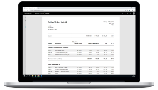 Bericht Debitor/Artikel in eCOUNT Dynamics 365 Business Central