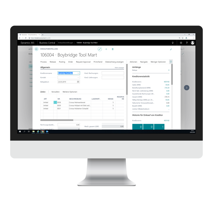 Einkaufsbestellung mit eCOUNT Dynamics 365 Business Central