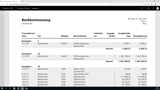 Bankkontoauszug in eCOUNT Dynamics 365 Business Central