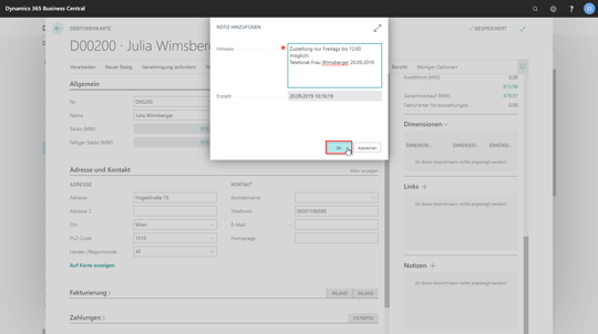 eCOUNT Dynamics 365 Business Central |  Kunden Notizen 2