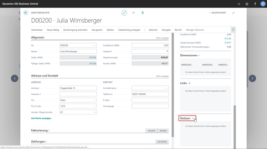 eCOUNT Dynamics 365 Business Central |  kunden Notizen