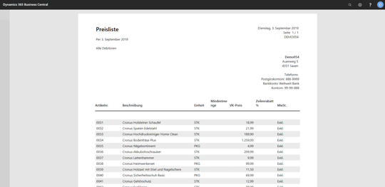 Preisliste Business Central