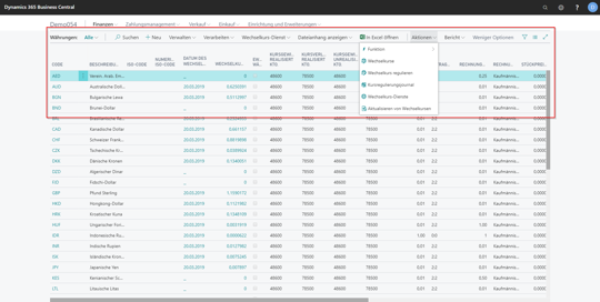 eCOUNT Dynamics 365 Business Central |  Währungen Navigation