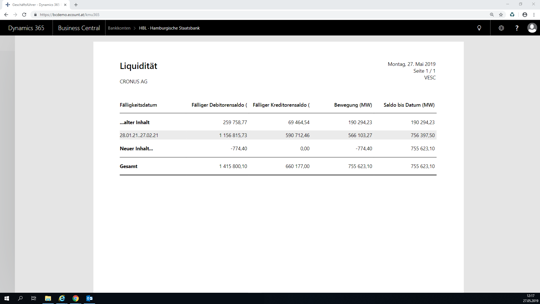 Aufstellung Liquidität in eCOUNT Dynamics 365 Business Central