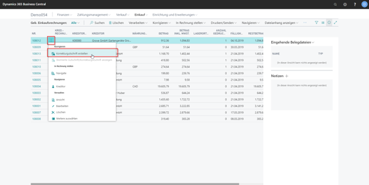 eCOUNT Dynamics 365 Business Central |  EInkauf Gutschrift aus Rechnung 2