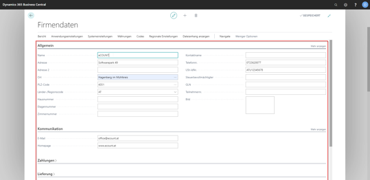 eCOUNT Dynamics 365 Business Central |  Firmendaten einrichten 2