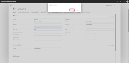 eCOUNT Dynamics 365 Business Central |  Firmendaten einrichten 3