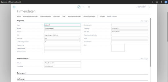 eCOUNT Dynamics 365 Business Central |  Unternehmen einrichten