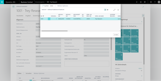 Angebotsversionen archivieren in eCOUNT Dynamics 365 Business Central