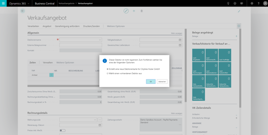 Debitor aus Angebot anlegen in eCOUNT Dynamics 365 Business Central