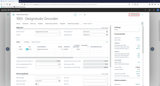 Business Central | Verkaufsrechnung speichern