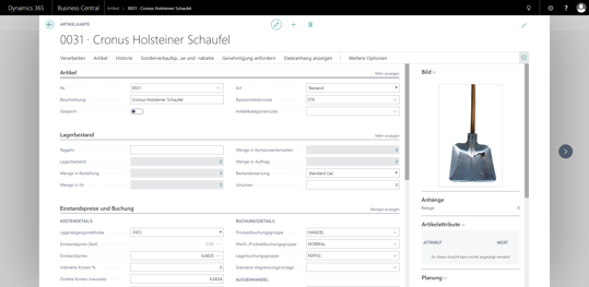 Detailansicht eines Artikels in eCOUNT Dynamics 365 Business Central