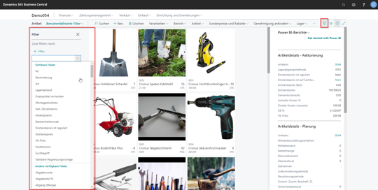 eCOUNT Dynamics 365 Business Central | Artikel filtern
