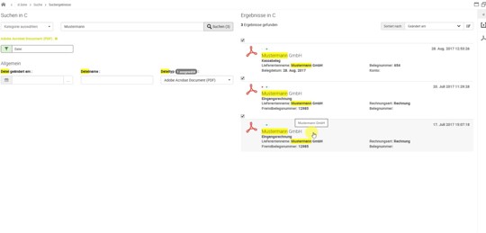 Auflistung der detaillierten Suchergebnisse